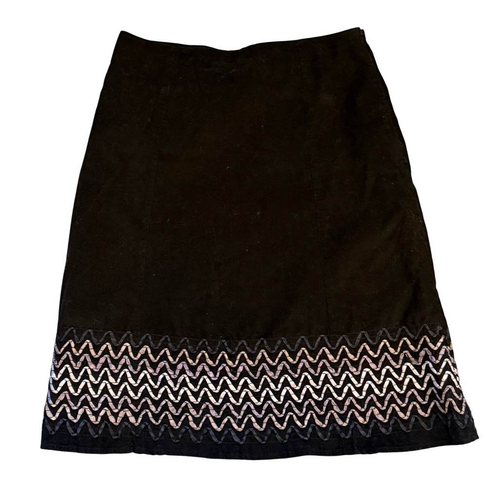 Boden Corduroy Skirt Womens 8 Black Ric Rac Zig Zag Embroidered A-Line Excellent